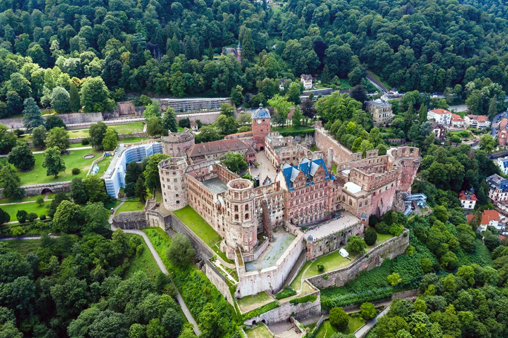 Aerial view of Heidelberg Castle on forested hillside