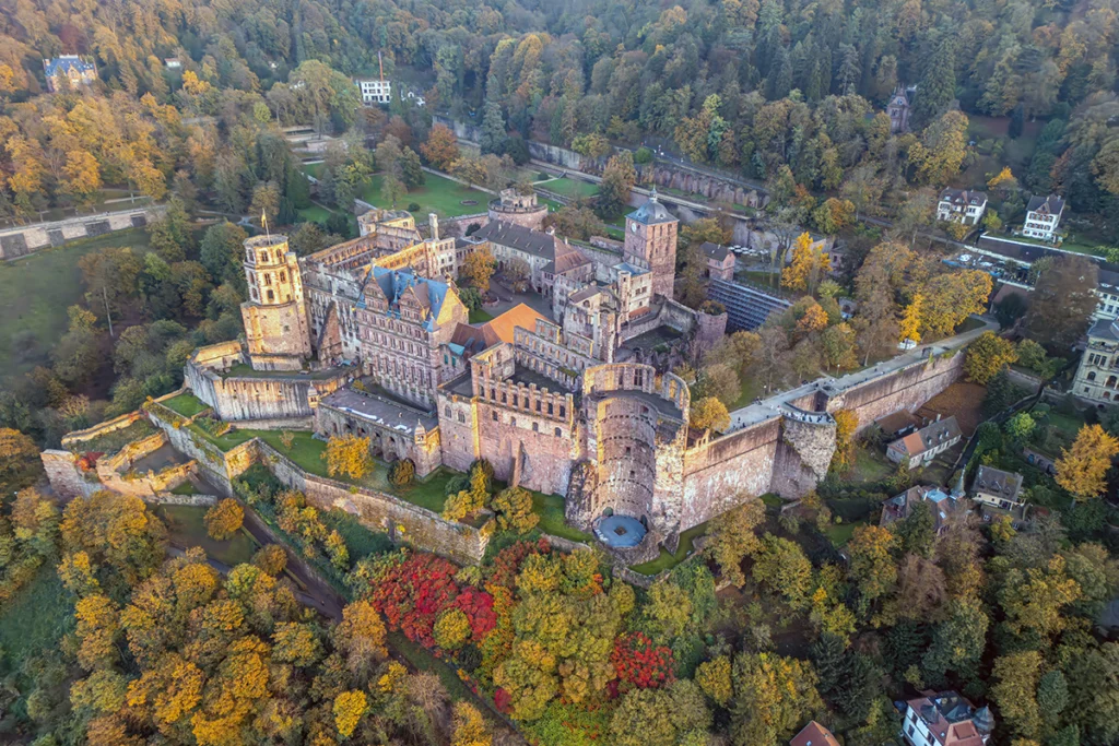 Aerial view of Heidelberg Castle on hillside in autumn