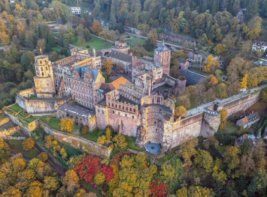 Aerial view of Heidelberg Castle perched above autumn trees and terraces