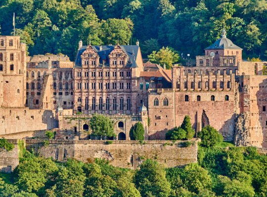 Heidelberg Castle overlooking lush forest and valley, sandstone façades in golden light