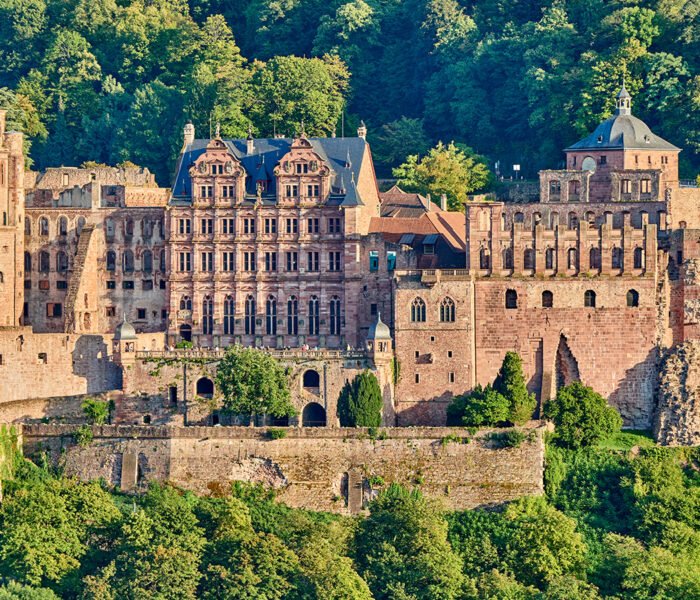 Heidelberg Castle overlooking lush forest and valley, sandstone façades in golden light