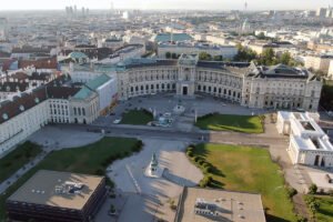 Aerial view of Hofburg Palace and Vienna skyline