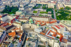 Aerial view of Hofburg Palace and surrounding Vienna streets