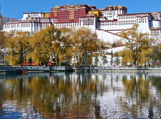 Potala Palace reflected in calm lake with autumn trees