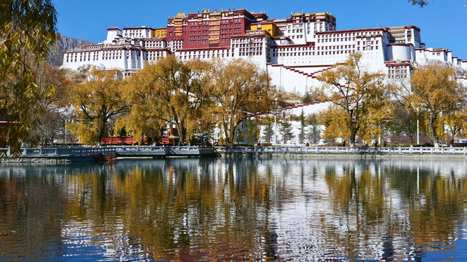 Potala Palace reflected in calm lake with autumn trees
