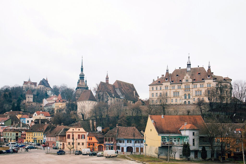 Sighișoara Citadel skyline with medieval towers and colorful houses