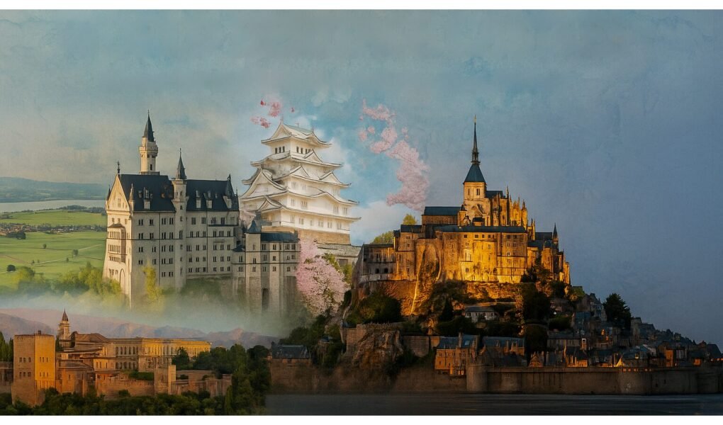 Featured image for the article “Top 20 UNESCO World Heritage Castles” showing a collage of iconic global castles — Neuschwanstein Castle in Germany, Himeji Castle in Japan, the Alhambra in Spain, and Mont Saint-Michel in France