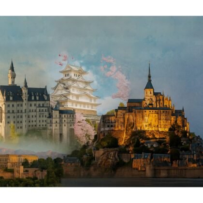 Featured image for the article “Top 20 UNESCO World Heritage Castles” showing a collage of iconic global castles — Neuschwanstein Castle in Germany, Himeji Castle in Japan, the Alhambra in Spain, and Mont Saint-Michel in France
