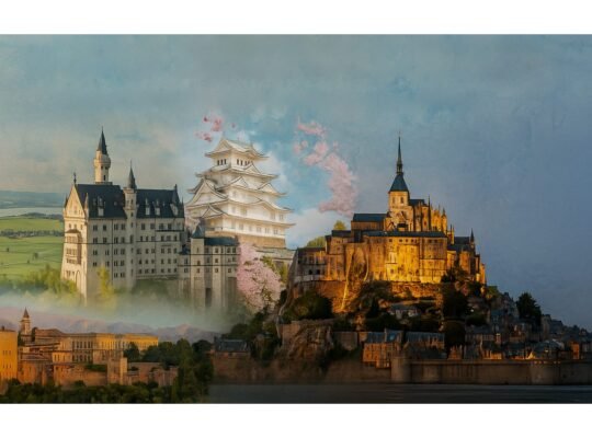 Featured image for the article “Top 20 UNESCO World Heritage Castles” showing a collage of iconic global castles — Neuschwanstein Castle in Germany, Himeji Castle in Japan, the Alhambra in Spain, and Mont Saint-Michel in France