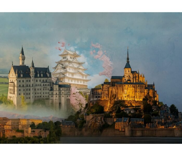 Featured image for the article “Top 20 UNESCO World Heritage Castles” showing a collage of iconic global castles — Neuschwanstein Castle in Germany, Himeji Castle in Japan, the Alhambra in Spain, and Mont Saint-Michel in France