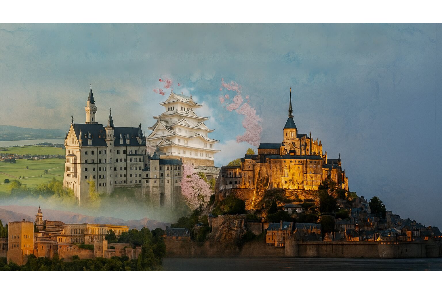 Featured image for the article “Top 20 UNESCO World Heritage Castles” showing a collage of iconic global castles — Neuschwanstein Castle in Germany, Himeji Castle in Japan, the Alhambra in Spain, and Mont Saint-Michel in France