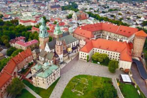 Aerial photo of Wawel Castle overlooking Krakow and surrounding rooftops