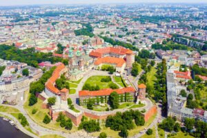 Aerial view of Wawel Castle overlooking Kraków and the Vistula River