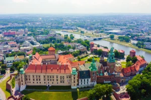 Aerial view of Wawel Castle and Vistula River in Krakow