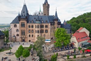 Wernigerode Castle stone façade and towers above the courtyard