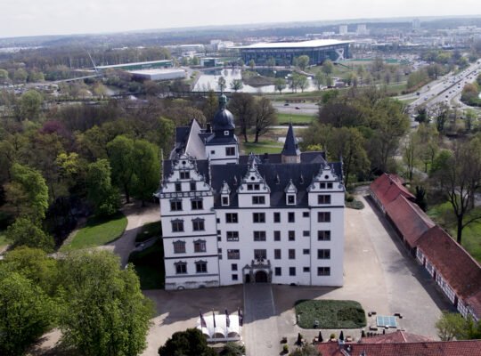 Aerial view of Wolfsburg Castle and surrounding park