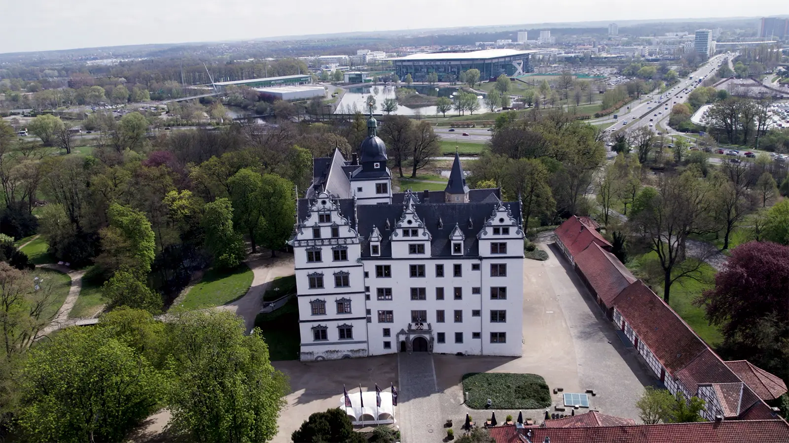 Aerial view of Wolfsburg Castle and surrounding park