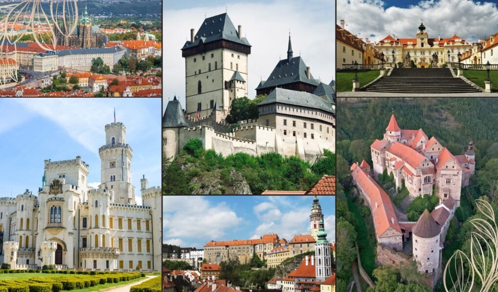 Aerial collage of Prague and Karlštejn, showcasing the best castles in the Czech Republic