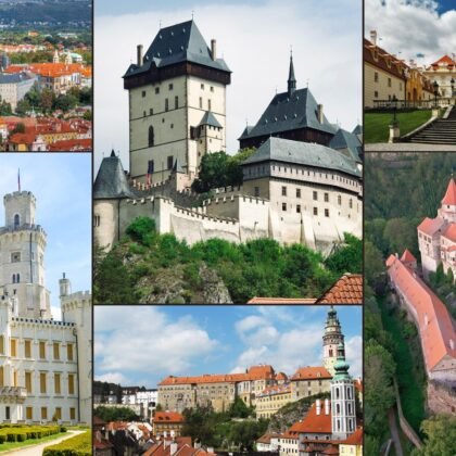 Aerial collage of Prague and Karlštejn, showcasing the best castles in the Czech Republic
