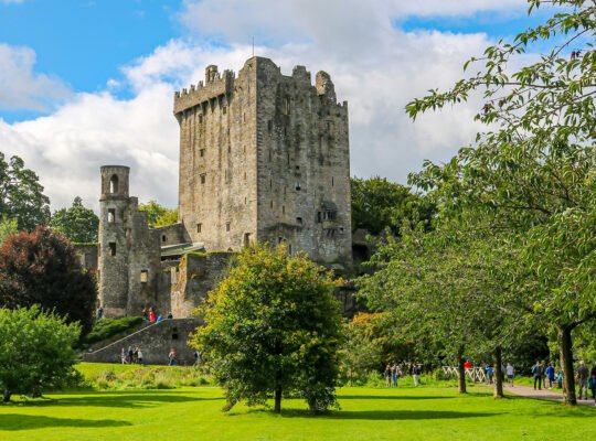 Blarney Castle tower amid green grounds