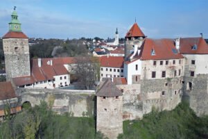 Aerial view of Schlaining Castle and red-roofed town