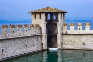 Sirmione Castle tower and battlements by the lake
