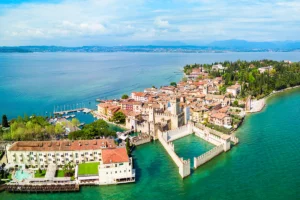 Aerial view of Sirmione Castle on peninsula, Lake Garda