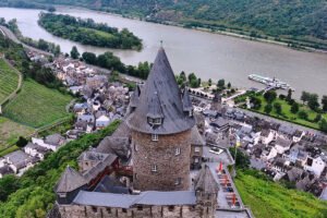 Aerial view of Stahleck Castle and Rhine bend