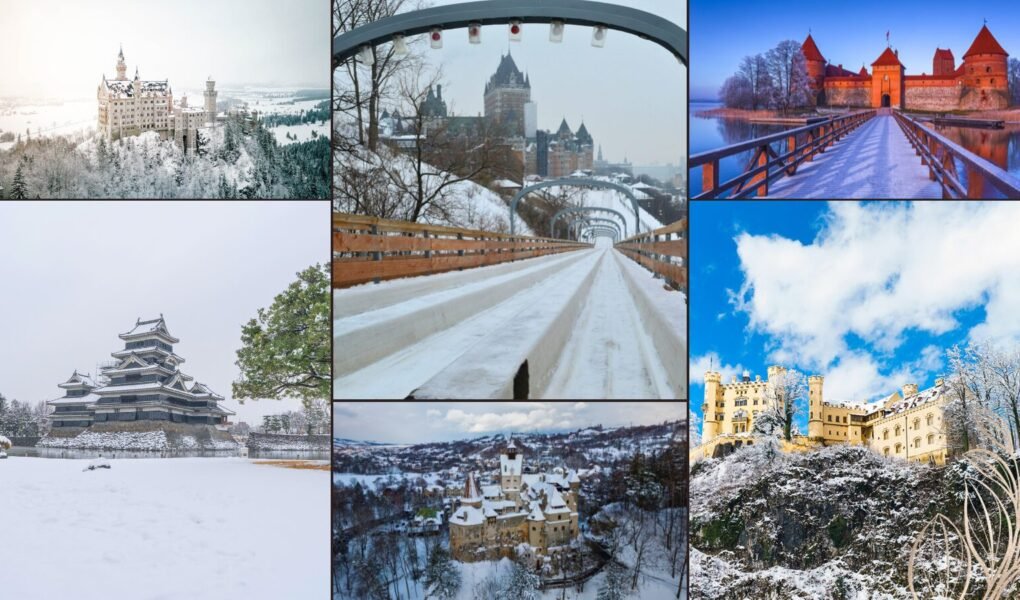 Collage of snowy castles including Neuschwanstein — The Ultimate Winter Castle Guide visual
