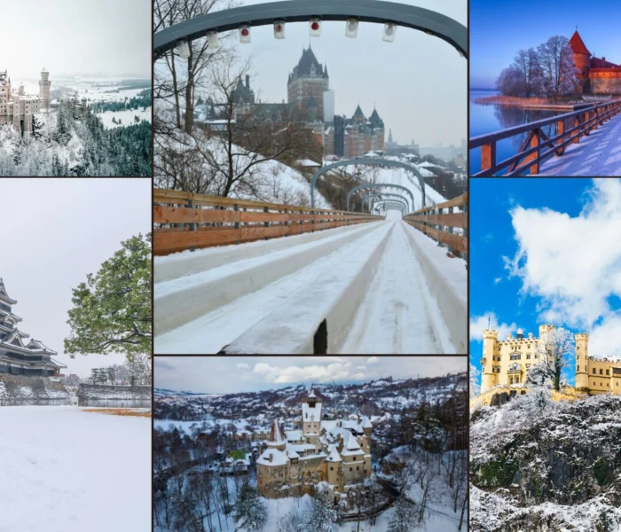 Collage of snowy castles including Neuschwanstein — The Ultimate Winter Castle Guide visual