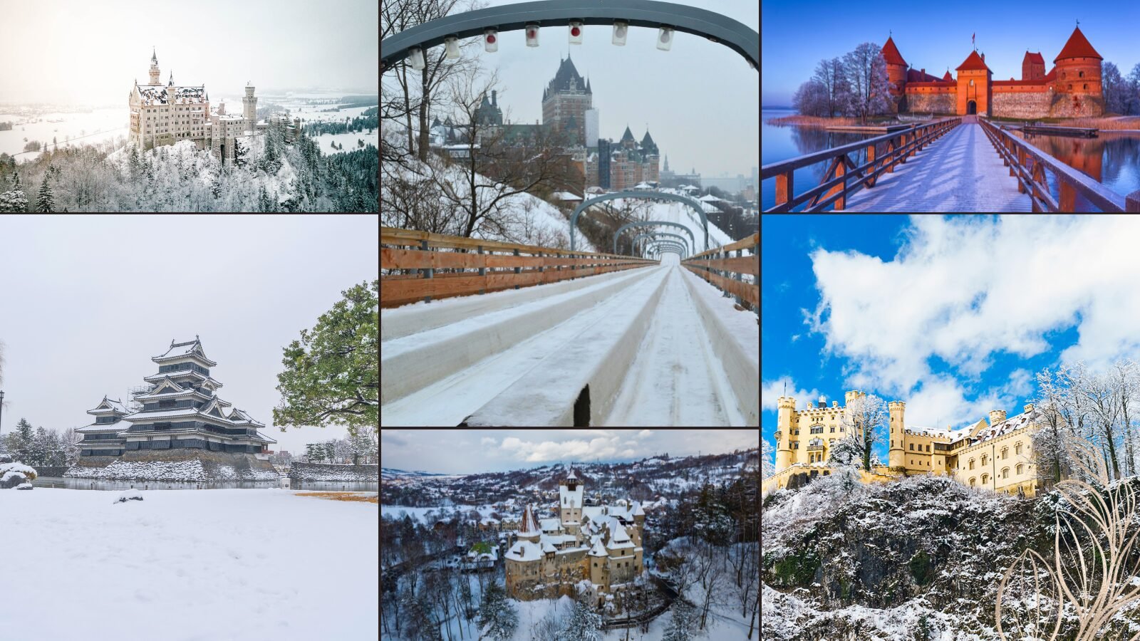 Collage of snowy castles including Neuschwanstein — The Ultimate Winter Castle Guide visual