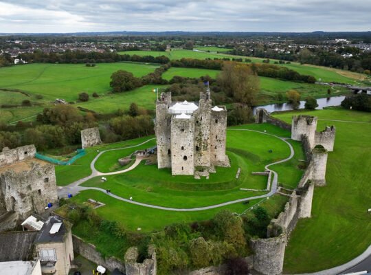 Aerial view of Trim Castle and surrounding green fields