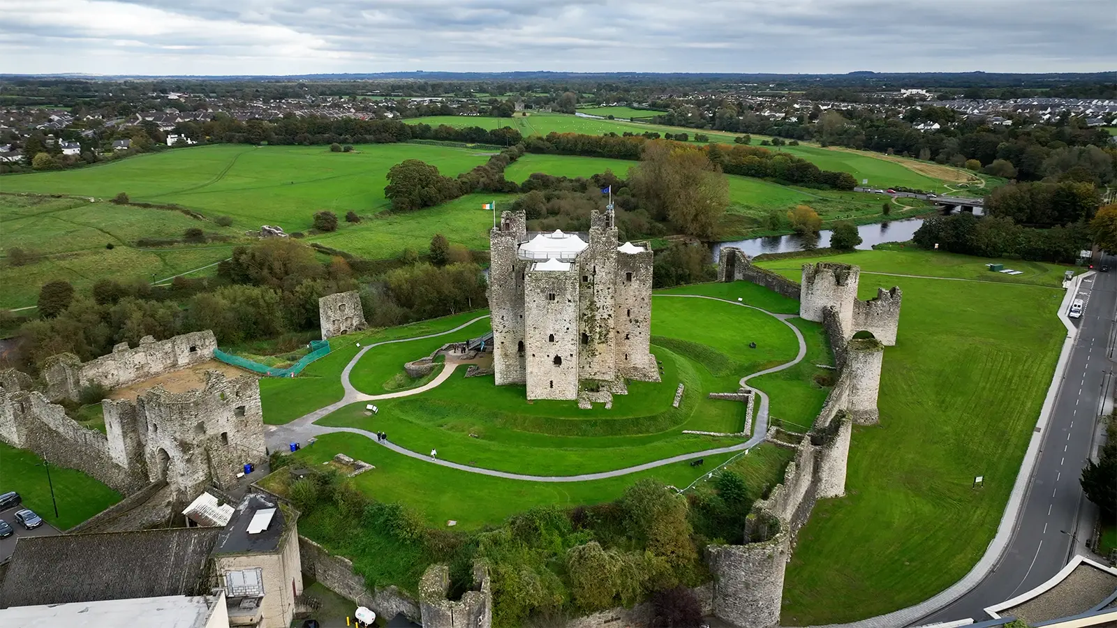 Aerial view of Trim Castle and surrounding green fields