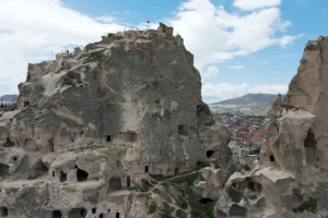 Uçhisar Castle carved rock fortress overlooking Cappadocia town