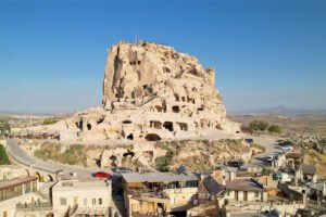 Uçhisar Castle carved rock fortress overlooking Cappadocia town