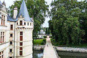 View of Azay‑le‑Rideau castle tower, bridge and gardens