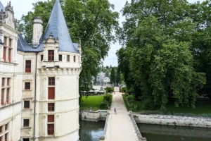 View of Azay‑le‑Rideau castle tower, bridge and gardens