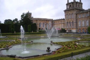 View of Blenheim Palace fountains and formal parterre gardens