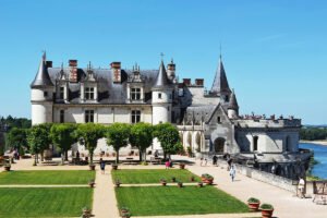 View of Château d’Amboise terrace, towers, Loire river beyond