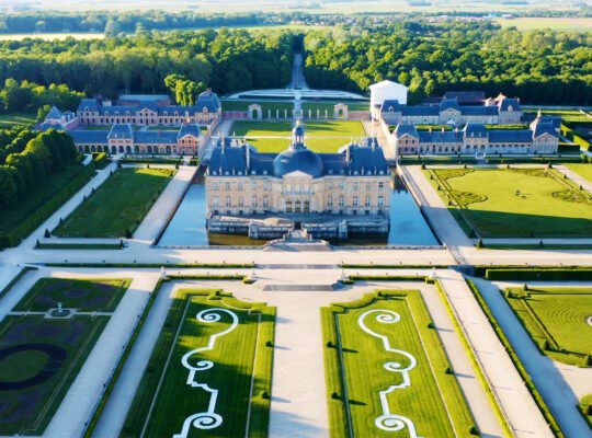 Aerial view of Château de Vaux-le-Vicomte and formal gardens