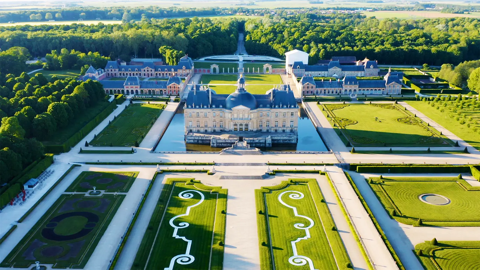 Aerial view of Château de Vaux-le-Vicomte and formal gardens