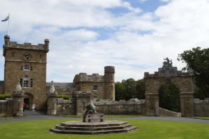 Culzean Castle entrance with cannon and clock tower