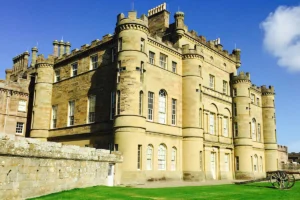 Culzean Castle sandstone facade and turrets under blue sky