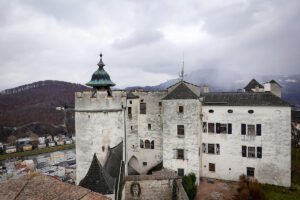 View of Fortress Hohensalzburg on hill above Salzburg city