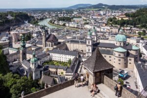 View of Fortress Hohensalzburg and Salzburg's skyline from castle terrace