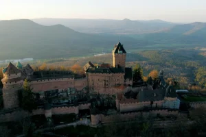 Aerial view of Haut-Koenigsbourg Castle on hilltop