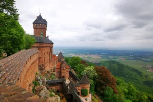 Haut-Koenigsbourg Castle perched on a hill overlooking Alsace plains