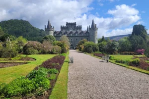 Inveraray Castle front view with gravel path and gardens