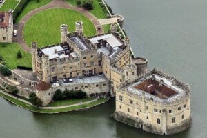 Aerial view of Leeds Castle island and moat