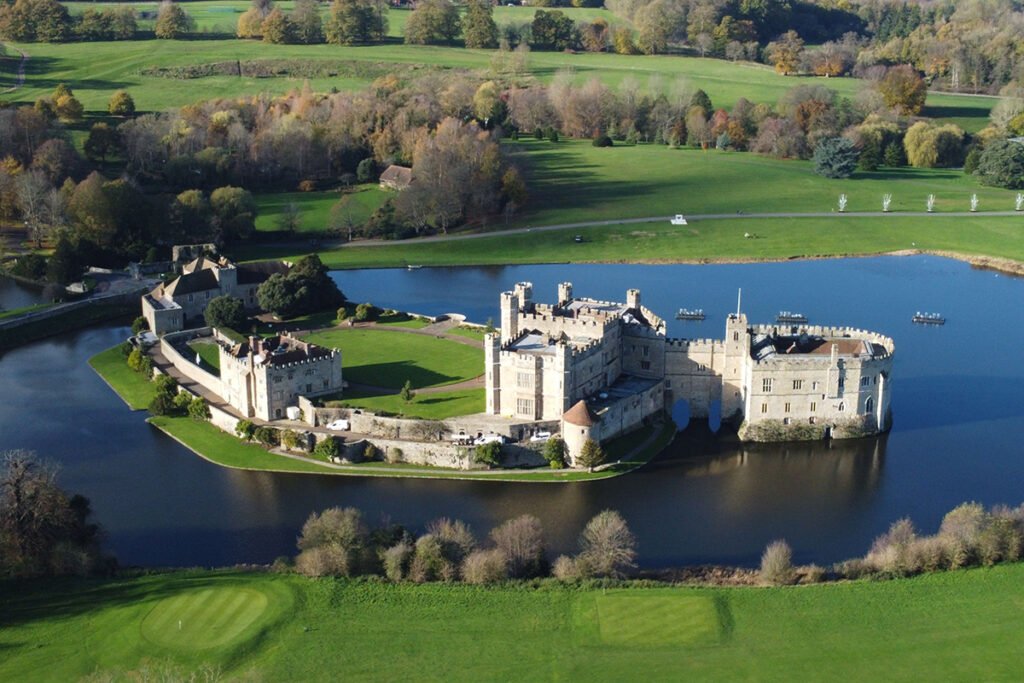 Aerial view of Leeds Castle island and moat